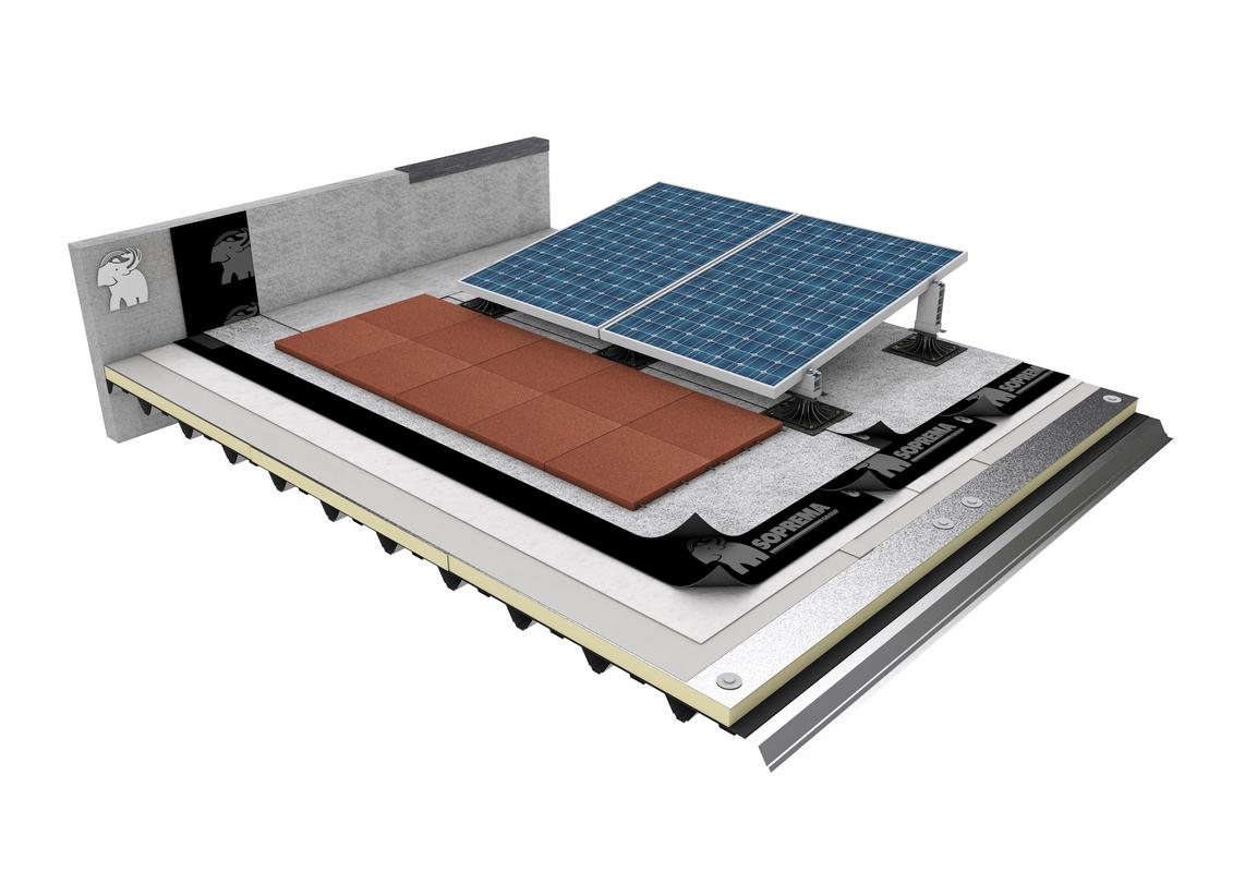 REHABILITACIÓN CUBIERTA DECK SINTÉTICA CON NUEVA IMPERMEABILIZACIÓN BITUMINOSA BICAPA FIJADA MECÁNICAMENTE, Y SOPORTES SOPRASOLAR