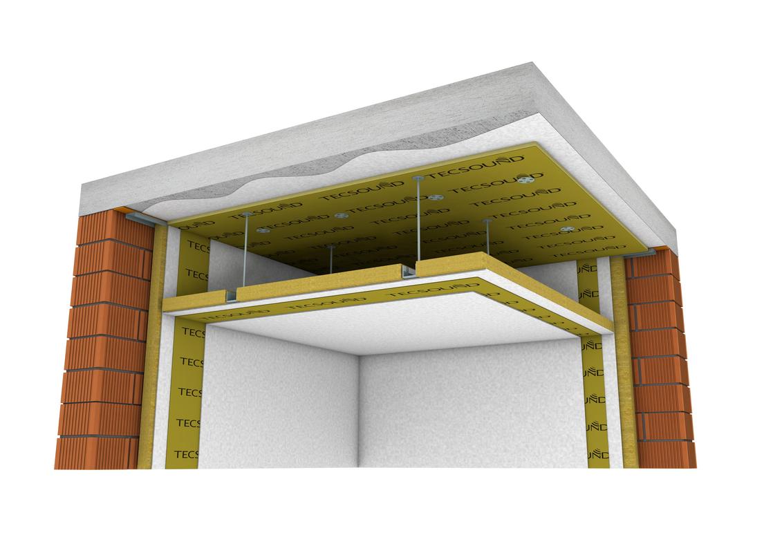 SISTEMA DE AISLAMIENTO ACÚSTICO DE FALSO TECHO CON ESTRUCTURA DE CHAPA DE ACERO, LÁMINA SINTÉTICA TECSOUND, FIELTRO POROSO Y LANA MINERAL