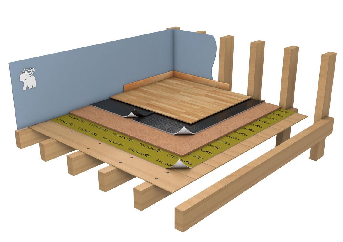 SISTEMA DE AISLAMIENTO ACÚSTICO PARA SUELO DE MADERA CON MEMBRANA POLIMÉRICA Y PANEL DM CON ACABADO DE PARQUET O TARIMA